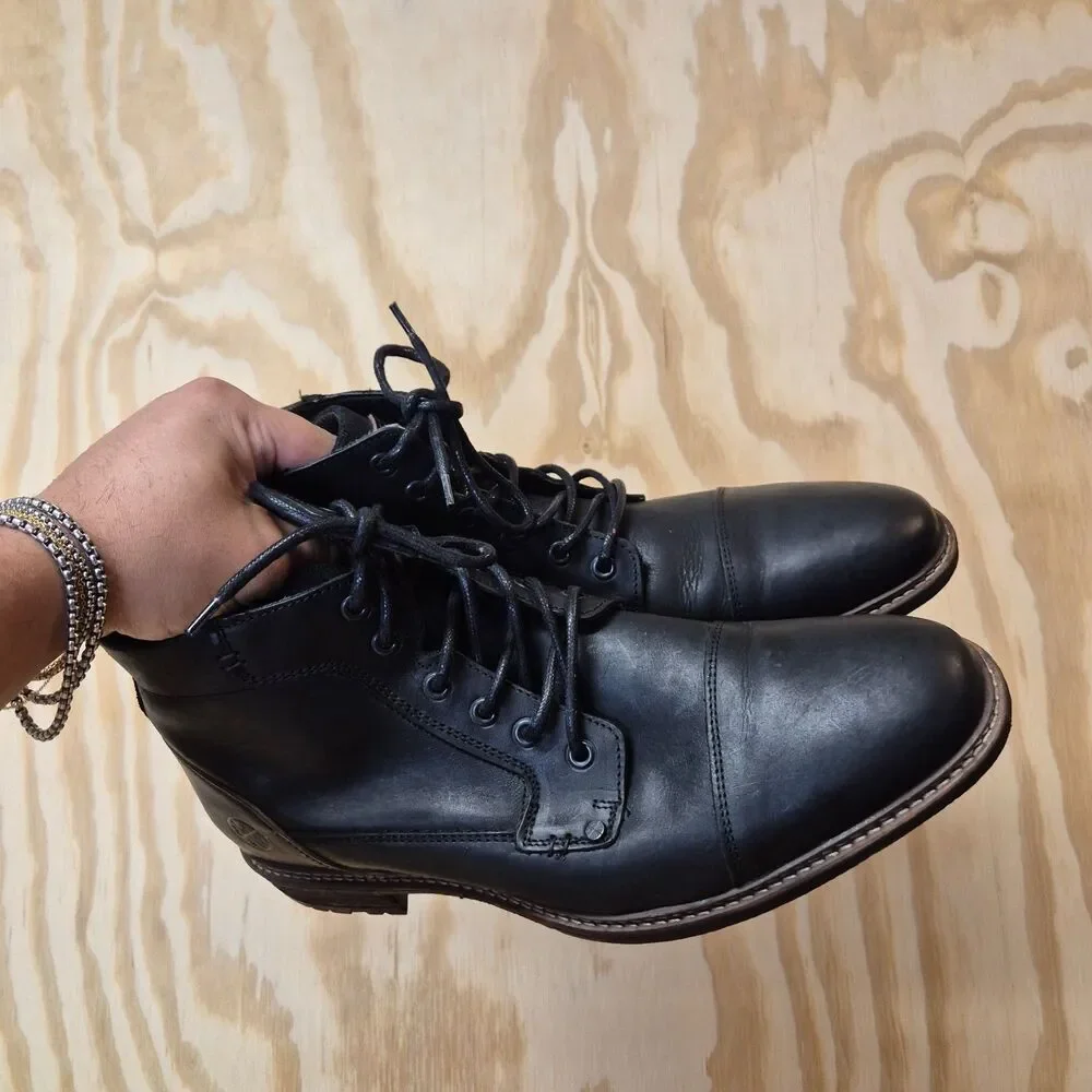 Bull Boxer Warrant Mens 13 Black Leather Cap Toe Zip Lace Up Ankle Boots